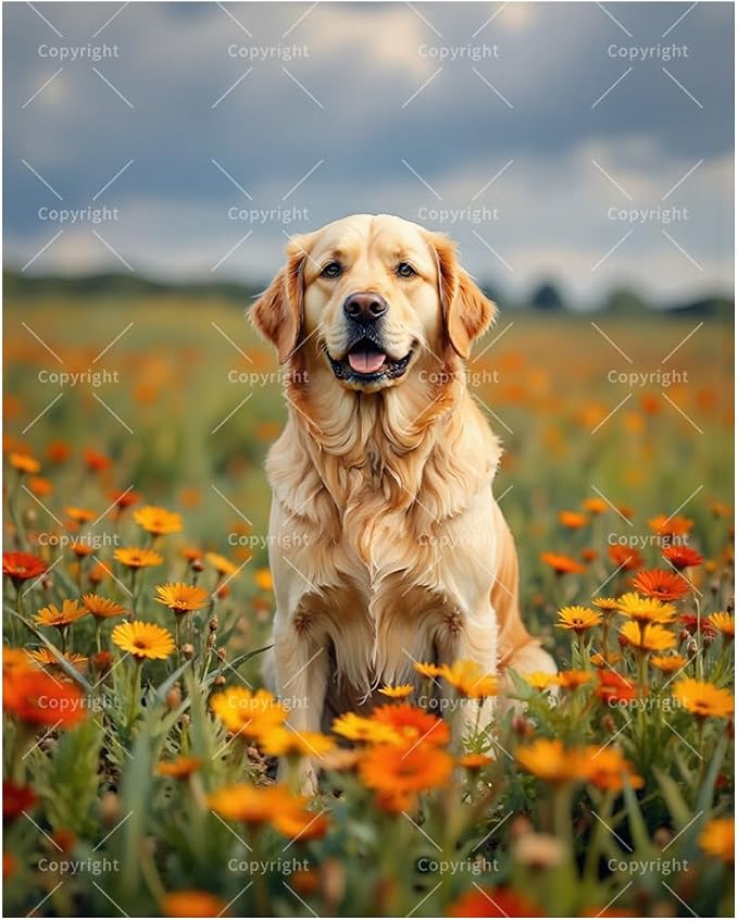 Golden Retriever Paint by Numbers Kit for Adults - DIY Dog Sitting in Orange Flower Field Painting on Canvas, Acrylic Paint Set for Beginners, Art for Home Decoration or Gifts(8X12IN Framed)