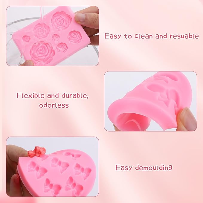 Pimoys 4 Pcs Flower & Bow Silicone Molds for Chocolate and Candy