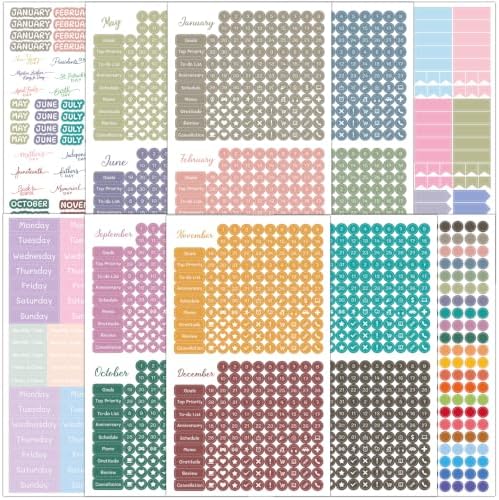 1917 Pcs Date Dot Stickers for Daily Planner Calendar Bullet Journal Notebook, Monthly Weekly Headings, Dates, Icons, 1/5 inch Dots, 10 Sheets
