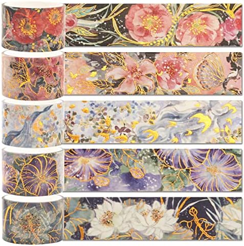 YUBBAEX Blooming Washi Tape Set Gold Foil Masking Tape Peony Wide Decorative for Arts, DIY Crafts, Journal Supplies, Planners, Scrapbook, Card/Gift Wrapping -25mm- (Purple Flowers)