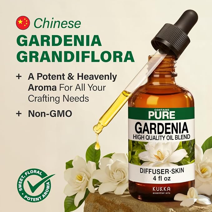 Kukka 100% Pure Gardenia Essential Oil for Skin, Diffuser, 4 Fl Oz | Undiluted Dropper Bottle - Gardenia Oil for Candle Making, Wax Melts, Massage Oil Blends & Body Care
