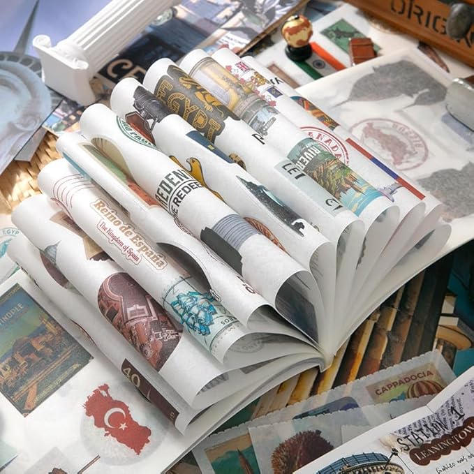 Prstincol Vintage Aesthetic Washi Stickers and Papers for Scrapbooking, 50 Sheets Ephemera Book for Art Journaling with Retro Global Travel Theme Stickers and Decoupage Papers for Junk Journal