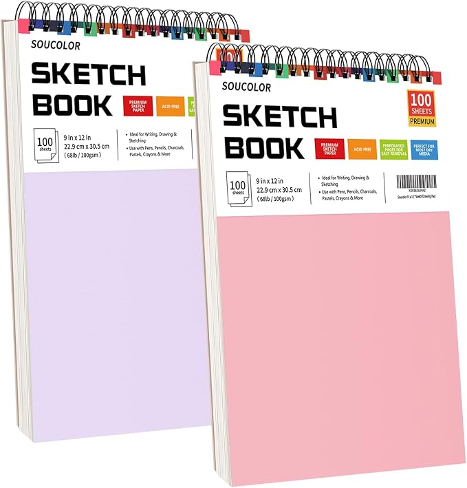 Soucolor 9x12 Sketch Book 2-Pack, 100 Sheets, Acid-Free, Spiral Bound | 68lb acid-free paper,micro-perforated pages,lay-flat spiral binding,ideal for kids, beginners & artists.Pink & purple 2-pack.