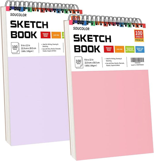 Soucolor 9x12 Sketch Book 2-Pack, 100 Sheets, Acid-Free, Spiral Bound | 68lb acid-free paper,micro-perforated pages,lay-flat spiral binding,ideal for kids, beginners & artists.Pink & purple 2-pack.