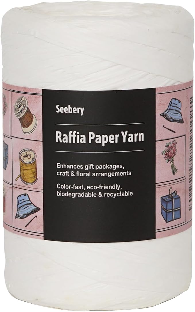 Raffia Ribbon Yarn for Crafts - Raffia Grass Twine for Gift Wrapping, DIY Decoration, Blinds & More | Matte String Paper Rope - 1/4'' Wide, 109 Yards, White