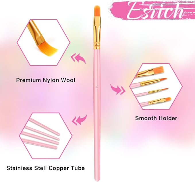 ESRICH 200PCS Pink Paint Brushes, Paint Brush for Acrylic Painting | Artist Paintbrushes for Oil Watercolor, Body Face Rock Canvas, Small Paint Brushes for Kids
