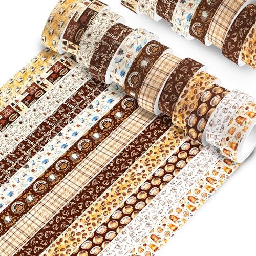 12 Pcs Coffee Washi Tape Coffee Masking Tape Decorations Vintage Watercolor Brown Cafe Decorative Paper Sticker for Vintage Journals, Planners, DIY Craft Gift Wrapping Handbook Stickers