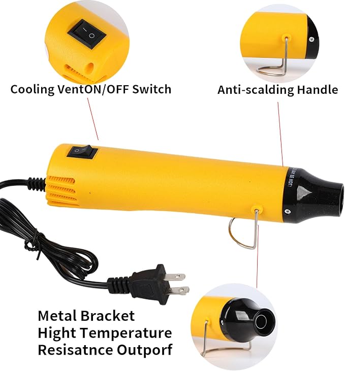 Heat Gun 300W, Handed Hot Air Gun for Crafting and DIY (Yellow) | 3.28FT Ultra-Long Cable Portable Heat Gun with Stand and Power Cord for Shrinking Wrapping PVC and Drying Paint