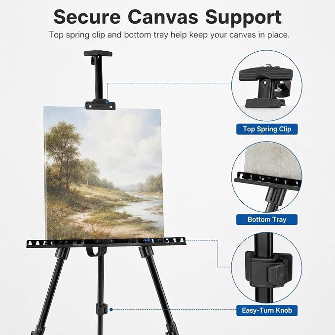 RRFTOK Art Easel Stand, 17-66 in Adjustable Metal Tripod with Bag | Dual-layer supports canvas or signs at two heights; adjusts up to 72 in with spring clip and reinforced chain for stability.