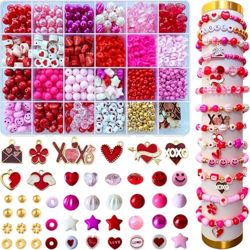 1900PCS+ Valentine’s Day Beads for Bracelets Jewelry Making Kit, Pink Red Polymer Clay Beads Assorted Pearl Crystal Star Heart Bead Acrylic Spacer Bead XOXO Heart Charms for Women Necklace DIY Crafts