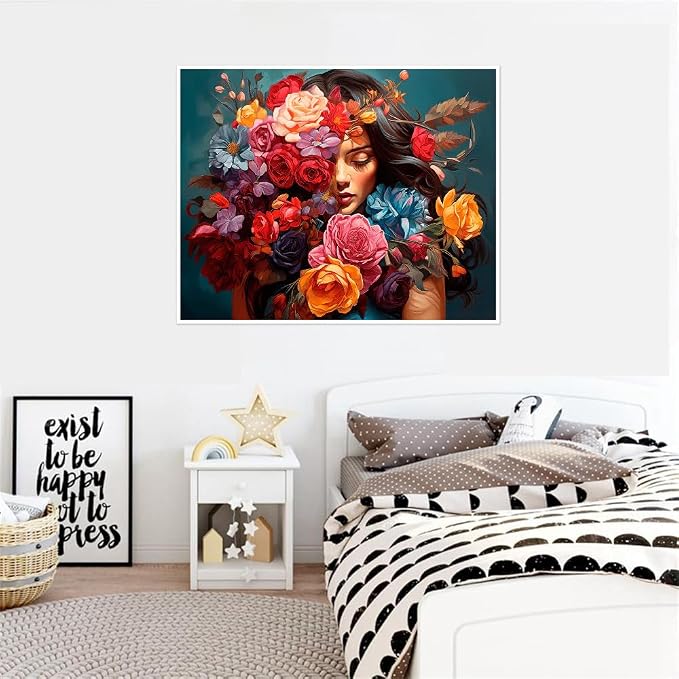 Clendo Flower Woman Paint by Numbers Kit for Adults, DIY Flower Paint by Numbers on Canvas, Colorful Picture Oil Painting Art and Crafts Kits for Wall Decor 16x20inch(Without Frame)