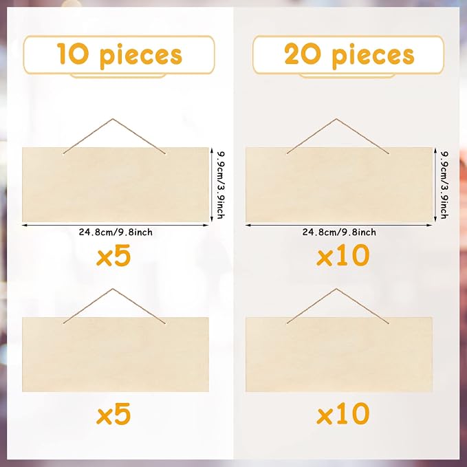 Patelai 10 Pcs Unfinished Hanging Wood Sign 9.8 x 3.9 Inch Rectangle Blank Wooden Plaque Blank Hanging Wooden Slices Banners with Ropes for Painting Writing DIY Home Crafts (2 Styles)
