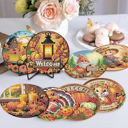 8 Pcs Fall Diamond Art Coasters Kits, Diamond Painting Coasters Kits ﻿ ﻿