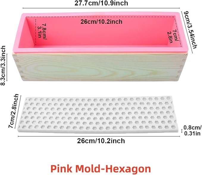 Soap Making Kit, 44oz Silicone Soap Making Liner Wood Box with Beehive & Hexagon & Rose Mat Creative Honeycomb Mat Mold for DIY Soap Making (Purple & Pink) (Pink Mold-Hexagon)