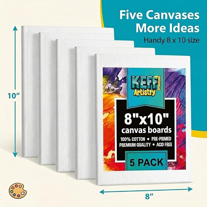 KEFF Canvas for Painting - 5-Pack 8x10 Canvas Value Pack - 100% Cotton Triple Primed Small Canvases for Painting. Mini Canvases Bulk Set for Acrylic, Oil, Watercolor&Tempera - Art Supplies for Adults
