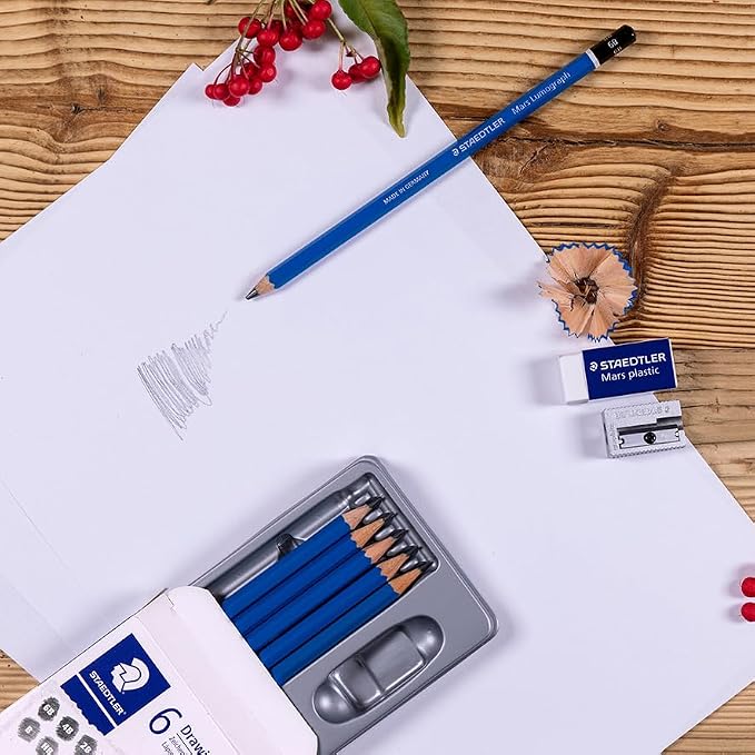 Staedtler Mars Lumograph Art Set | 6 Assorted Sketch Pencils For Drawing, Polymer Block Eraser and Metal Sharpener 61 100C8LU