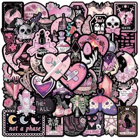 Pastel Horror 50 Pcs, Goth Pink Aesthetic Witchy Stickers for Adults Teens, Skull Crystal Waterproof