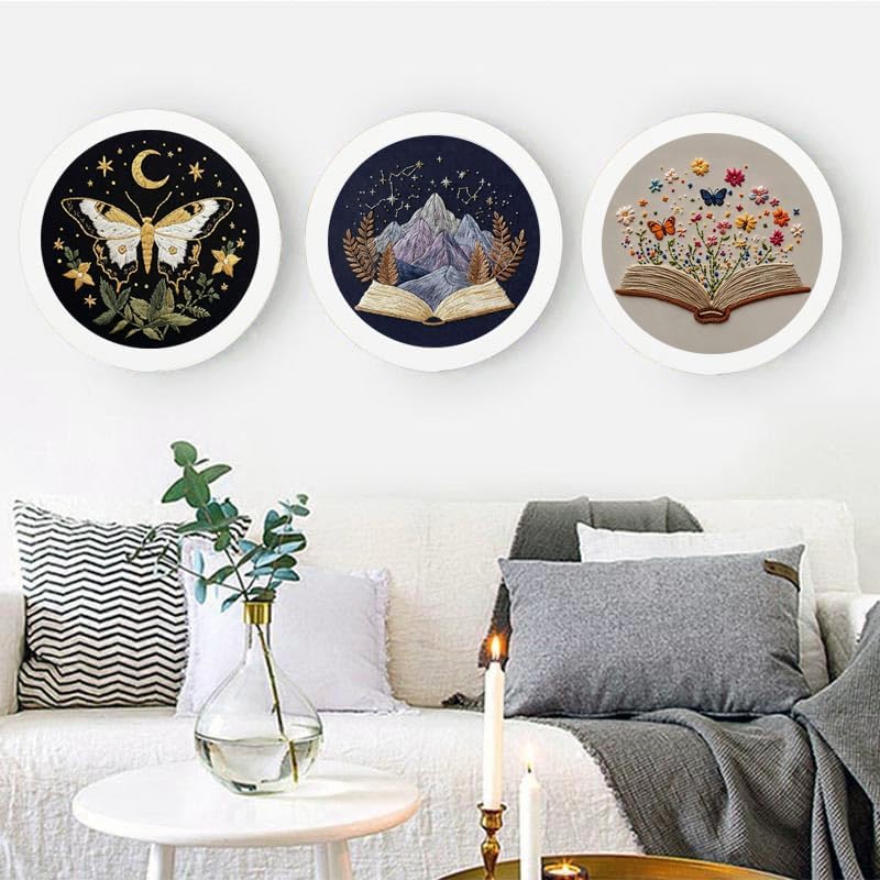 Konrisa Stamped Embroidery Kit with Butterfly Scenery Book Flower Pattern, Embroidery Starter Kit DIY Sewing Practice, Cross Stitch Kit,Set of 3