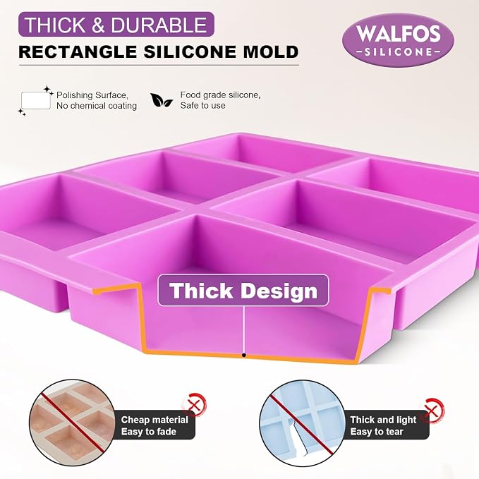 Walfos Silicone Soap Molds,Rectangle Mold 6 Cavities,Non-Stick,4 Pack