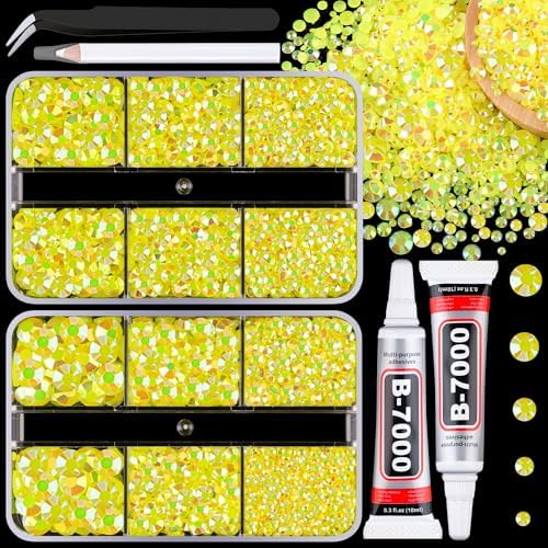 Resin Jelly Rhinestones for Crafting with B7000 Jewelry Glue, 2 Boxes Lemon Yellow AB Flatback Crystals with 2Pcs 10ml Glue, Bedazzling Non Hotfix Gems for DIY Tumblers Clothing Shoes Manicure