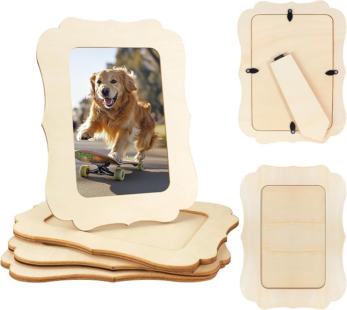 VOKOY 4 Pack Wooden Picture Frames for Crafts, DIY Wood Craft Picture Frames for 4" x 6" Photos,Unfinished Standing Photo Frames Wood Decorate for Birthday Party Gifts, Vintage Shape
