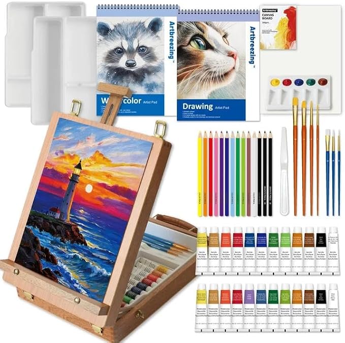 Mixed Media Art Set with Art Easel, Complete Art Supplies Kit | 55pc All-in-one Art Painting Kit, Tabletop Easel for Painting, Assorted Painting Supplies, Giftable Art Kit for Adults, Kids