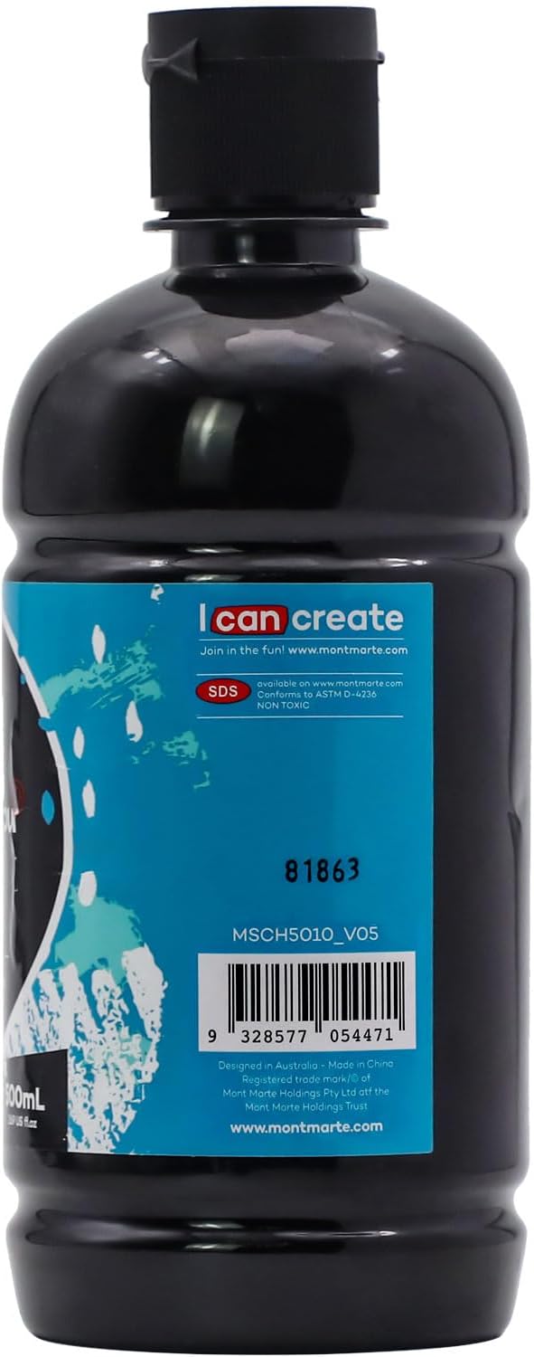 Mont Marte Signature Black Acrylic Paint, 16.9oz (500ml), Semi-Matte Finish, Suitable for Canvas, Wood, Fabric, Leather, Cardboard, Paper, MDF and Crafts