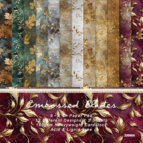 Embossed Metallic Leaves Scrapbook Paper Pad 6x6, Premium Vintage Botanical Cardstock for Junk Journal, DIY Crafts, Collage Art & Luxury Scrapbooking, 24 Elegant Sheets