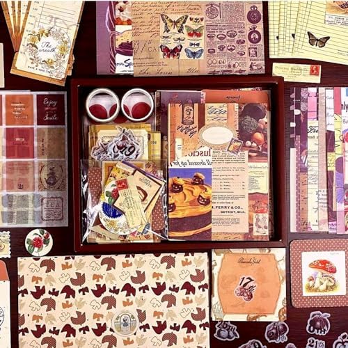 LCLAIDYDY 348 PCS Vintage Scrapbook Kit with A6 Grid Notebook, Bullet Junk Journals, DIY Gift Aesthetic Journaling Supplies for Teen Girl Women