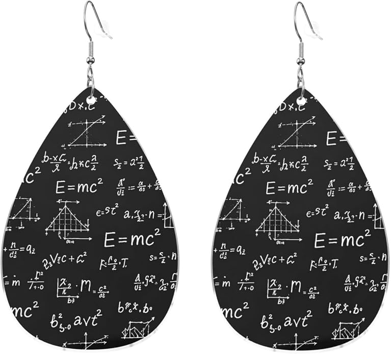 Math Formula Equation Black Drop-Shaped Earrings 2.2 x 1.5 Inches
