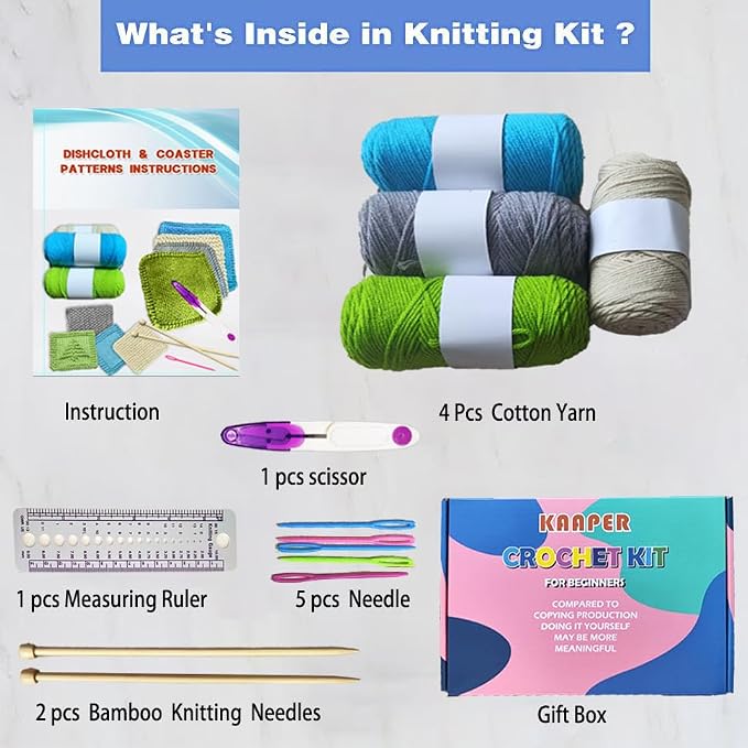 Kaaper Beginner Knitting Kit for Adults, Knit Dishcloth & Coaster Kit