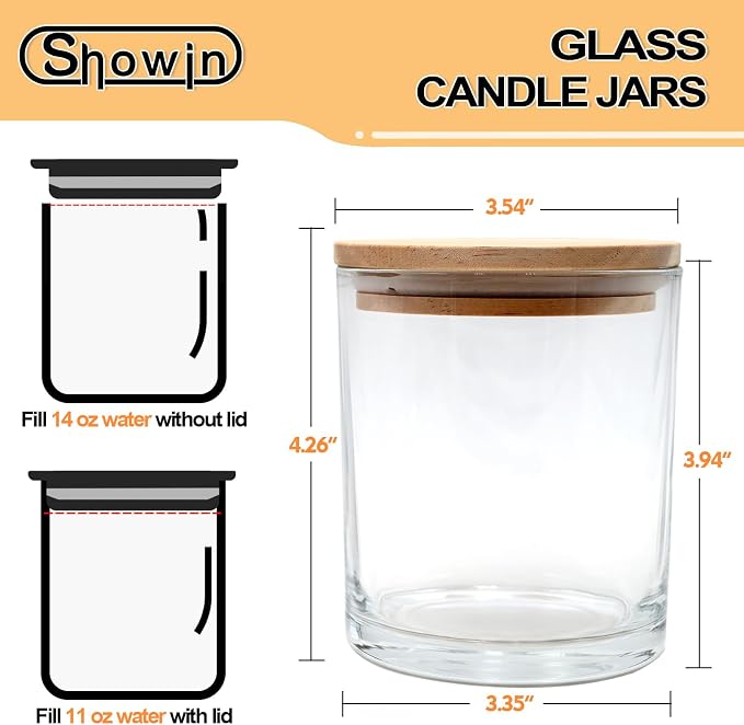 SHOWIN 14 OZ Thick Candle Jars for Making Candles 12 Pcs, 3 Wick Empty Jars with Wood Lids for Candle Making, Sample Container,Clear