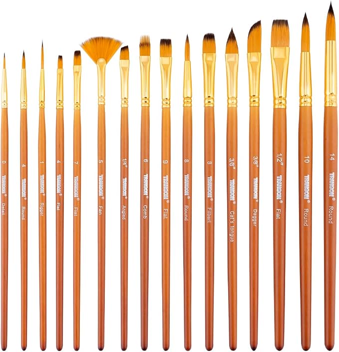 Transon 16 pcs Artist Paint Brush Set Versatile for Acrylic Painting Watercolor Painting Gouache Painting Brown Color