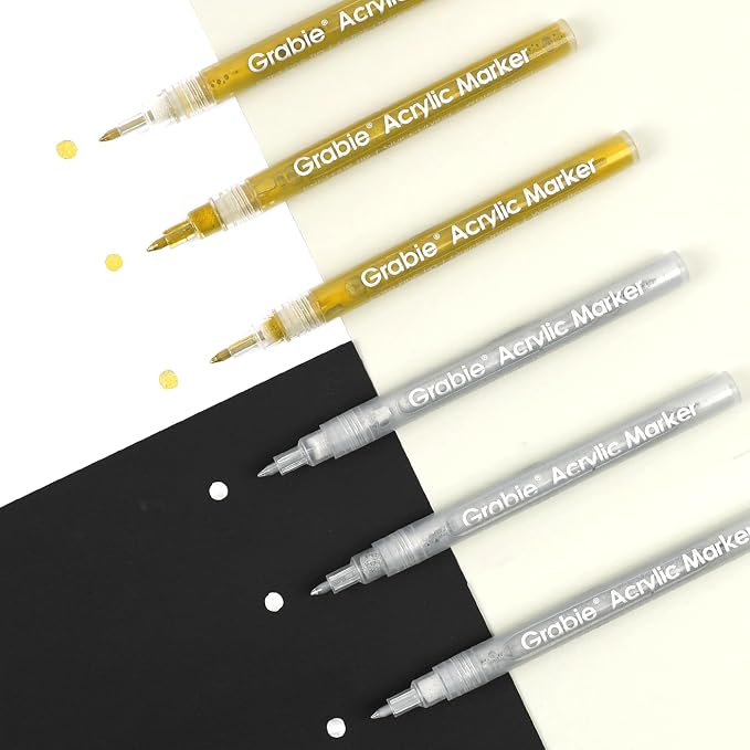 Grabie 0.7 mm Acrylic Paint Markers, Pack of 6 gold & silver Pens