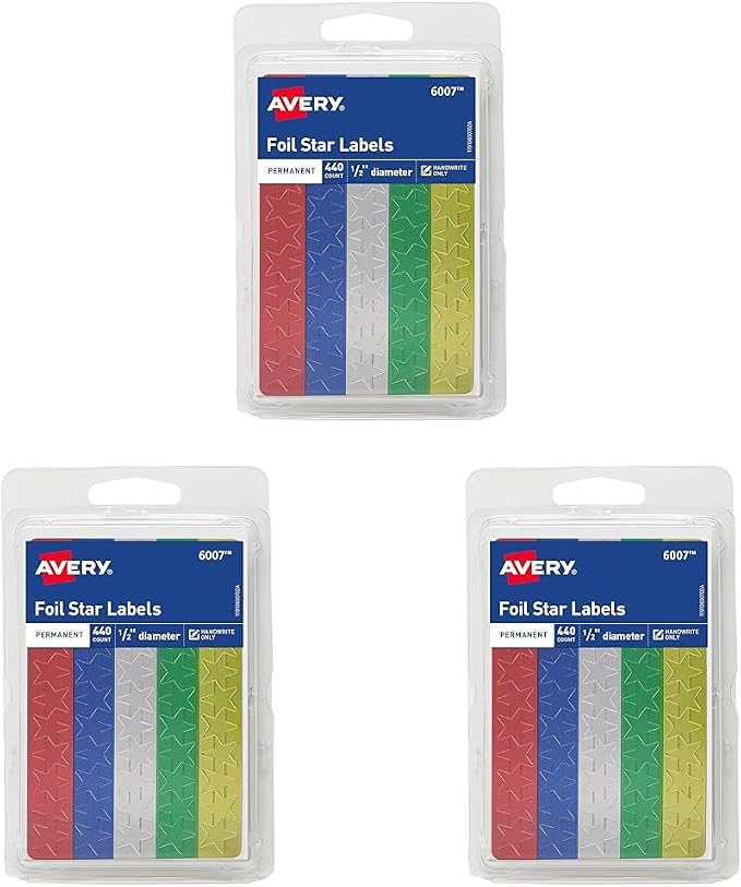 Avery Foil Star Labels, 1/2", Assorted Colors, Non-Printable, 440 Star Stickers Total (6007) (Pack of 3)
