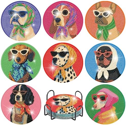 8 Pcs Dog Diamond Painting Coasters Kits with Holder,Dog Wearing Glasses Diamond Art Coasters with Wooden Pad,DIY Round Drill Rhinestone Painting Art Kit Craft for Adults Supplies Gift 4X4 Inch.