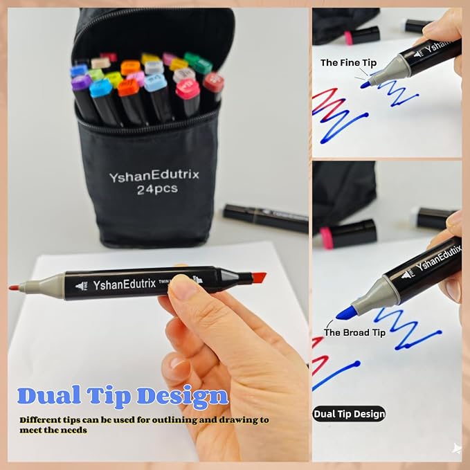 24 Colors Alcohol Markers Set, Dual Tip Art Markers with Colorless Blender, Small Travel Adult Coloring Markers for Drawing, Coloring Books & Manga
