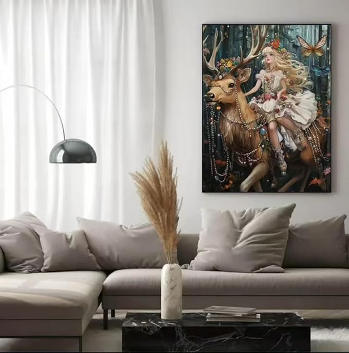 YUXUANKANG Fantasy Forest Fairy Riding Deer Diamond Painting Kit, Anime Girl with Flowers and Butterflies 12x16 inch