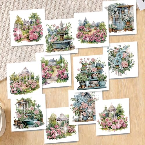 C'eitura 12Pcs Garden Flowers Diamond Art Painting Greeting Card Kit with Envelopes, DIY Floral Christmas Birthday Thanksgiving Card Making Set, All Occasion Handmade Card Craft