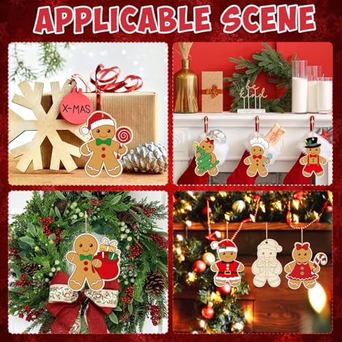 80PCS Wooden Christmas Ornaments to Paint, 8 Styles DIY Blank Unfinished Wood Gingerbread Man Cutouts Ornament for Crafts Winter Hanging Decorations