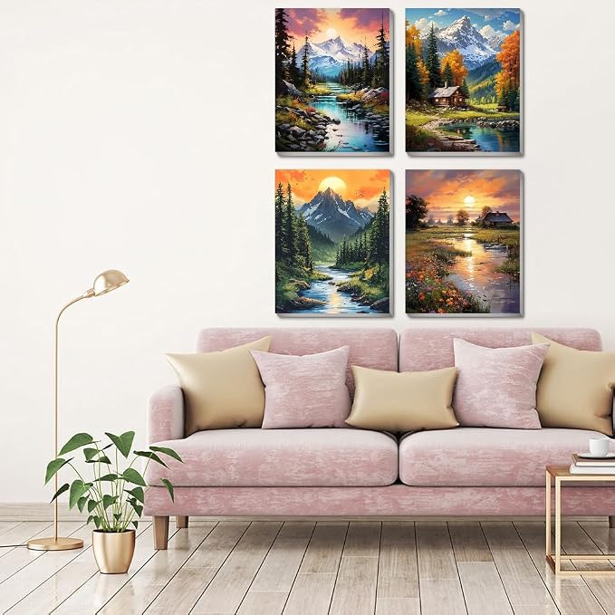 4 pack Mountain Paint by Numbers Kit for Adults Beginner With Framed,Countryside Easy Adult Paint by Number Kits on Canvas DIY Painting for Beginners Art by Numbers for Home Wall Decor 10x12 Inch