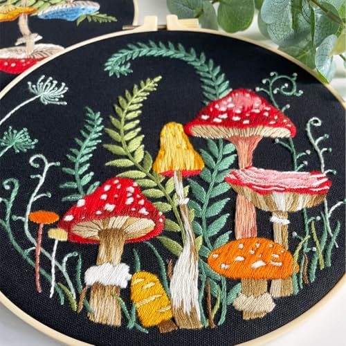 Myfelicity Embroidery Kit with Mushroom Patterns, 3 Hoops, Fabric, Threads, Needles, Instructions (red)