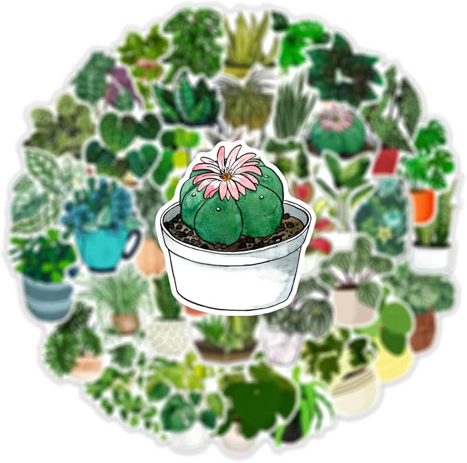 50 Pcs Green Plants Stickers Potted Plant Floral Sticker for Laptops Water Bottles Flower Pots Vases Decorative Phone Book Guitar Vinyl Decals for Kids Teens Adults