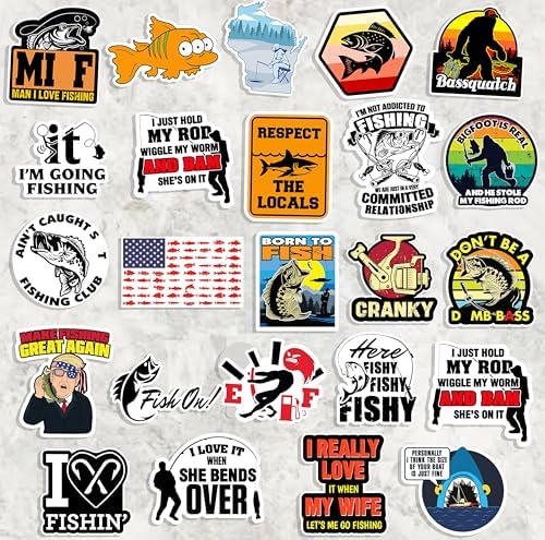 74pcs Funny Fishing Stickers for Tackle Box, Bucket, Father's Day Gift Waterproof Laptop Car Vinyl Skateboard Water Bottle Hard hat Tool Travel Case Guitar