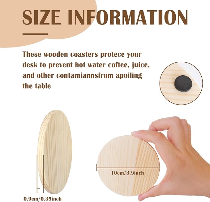 42 Pieces Unfinished Wood Coasters, 4 Inch Round Blank Wooden Coasters for Crafts with Non-Slip Silicon Dots for DIY Stained Painting Wood Engraving Home Decoration