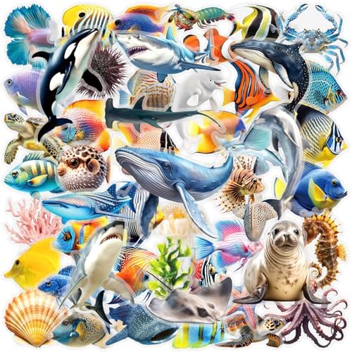 50 Pcs PET Transparent Underwater World Stickers, Waterproof Vinyl Marine Life Decals for Laptop Skateboard Luggage, Colorful Ocean Creature Stickers Gift for Kids Teens Adults(The Underwater World)