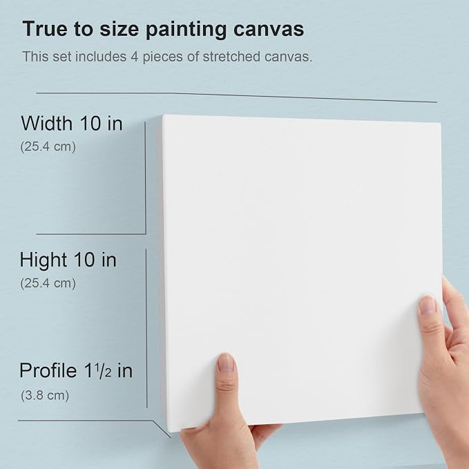 PHOENIX 10x10 Gallery Depth Watercolor Canvas 4 Pack | 1.5 In Deep 100% Cotton Water Color Square Canvases for Painting, 260g Medium Texture Canvas for Water Based Paints