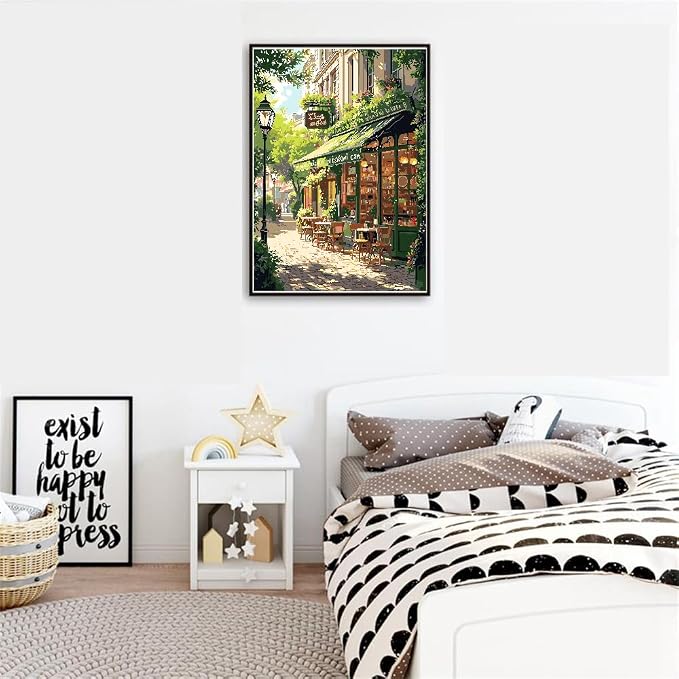 Mrnsiet Paint by Numbers Kit for Adults, Easy Street Cafe Adult Paint by Number Kits on Canvas, Spring Scene DIY Acrylic Oil Number Painting Kits for Home Wall Decor Gift 16x20 Inch