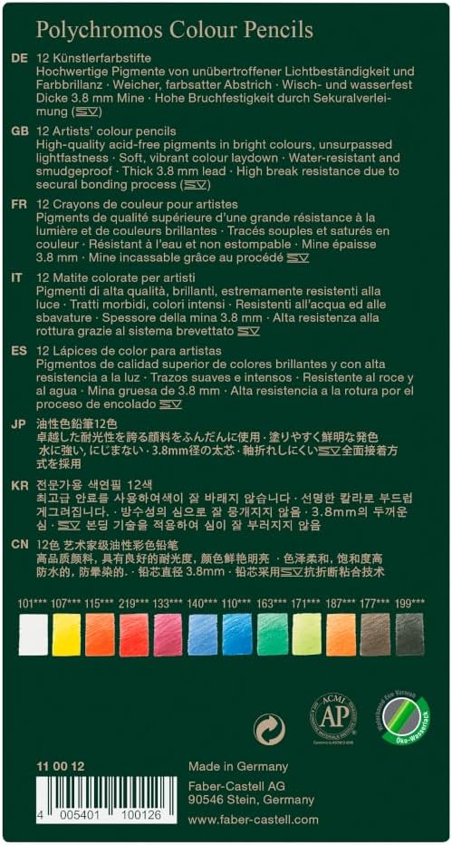 Faber-Castell Art & Graphic Polychromos Colour Pencil, Multicoloured, Tin Of 12, For Art, Craft, Drawing, Sketching, Home, School, University, Colouring