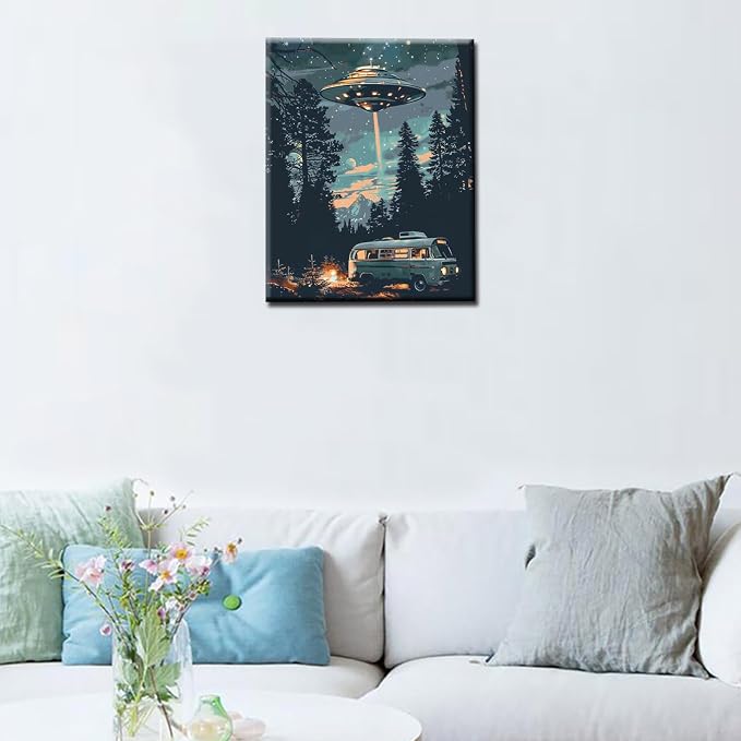 Tucocoo Starry UFO DIY Paint by Numbers for Adults Bus in Forest DIY Oil Painting Acrylic Paint Art Moon Stars Painting Kits Canvas with Acrylic Paint UFO Fantasy Decor 16x20 Inch （DIY Frame ）
